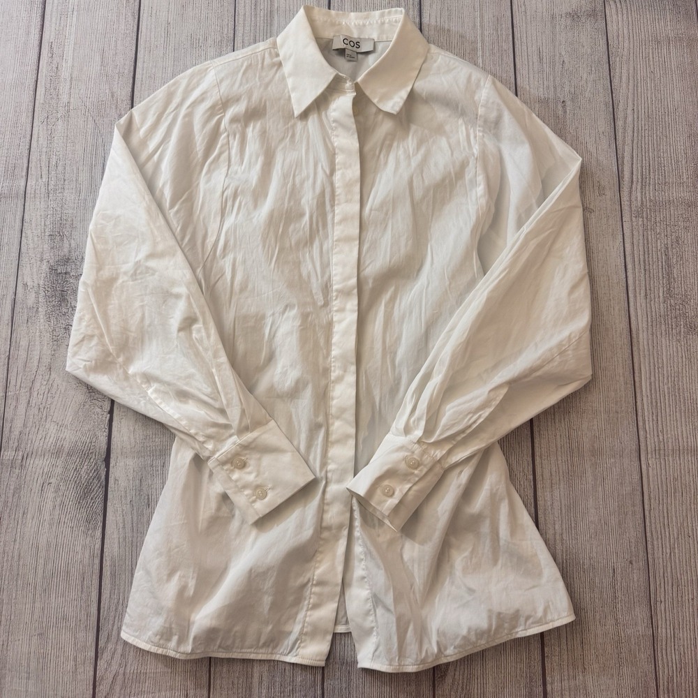 COS Women's White Button Down Blouse EUR 34 XS Cinched Waist Long Sleeve